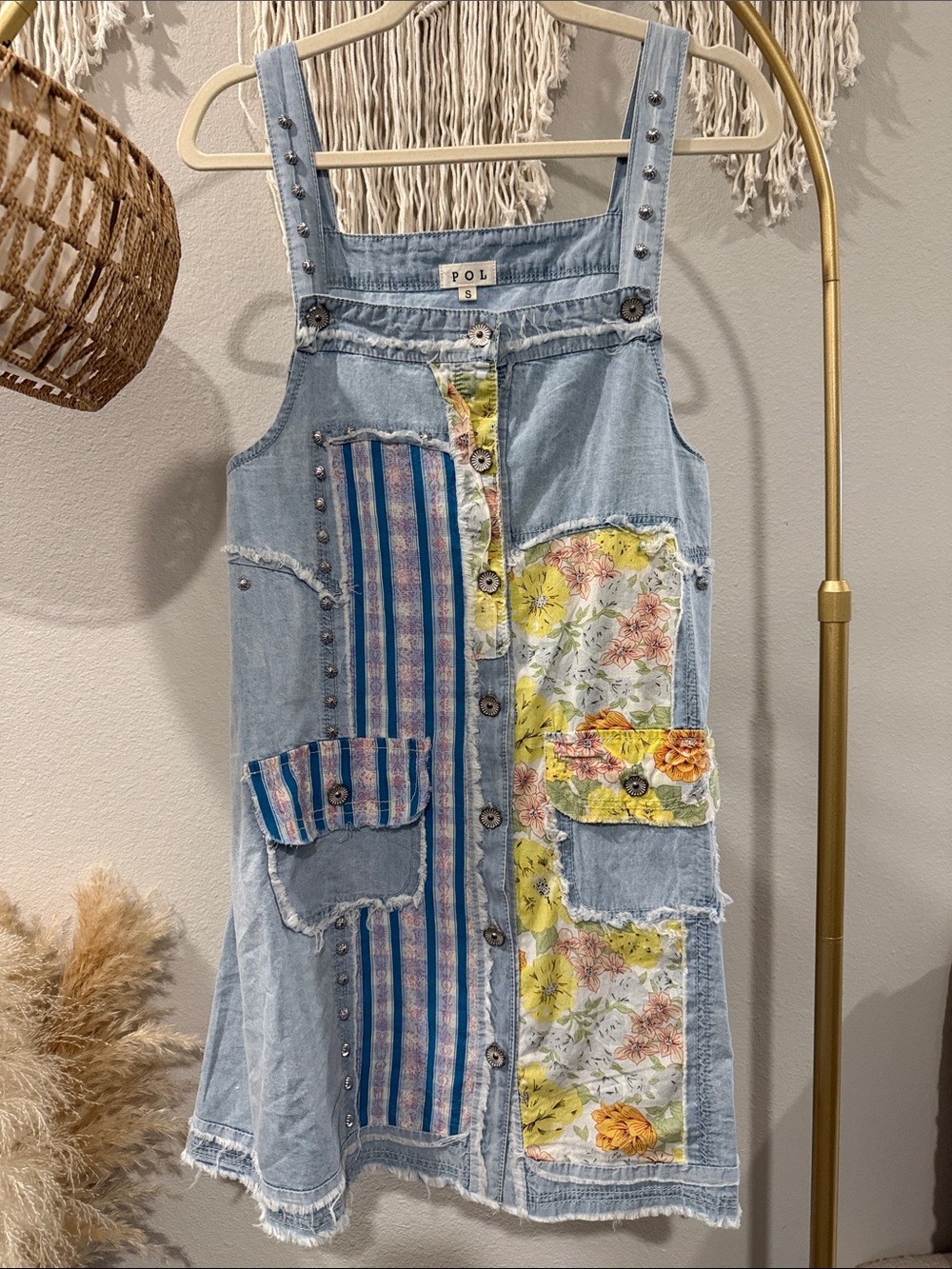POL Light Blue Denim Patchwork Overall Dress with Floral & Stripe Panels